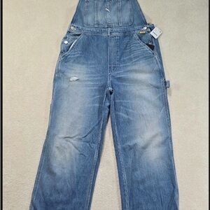 Free People X Edwin Lightly Distressed Light Blue Denim Overalls - Medium